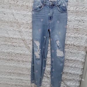 Tinseltown Distressed Wide Leg Jeans, Womans 11 (Sz 30) Floral, Boho, Grunge